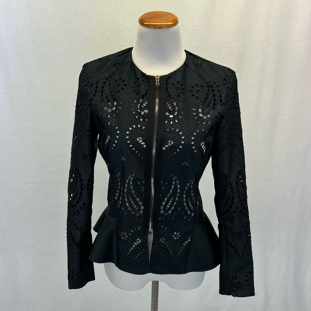 ETRO Black Eyelet and Silk Peplum Blazer Jacket Sz. 4 or 6 - Picture 1 of 6